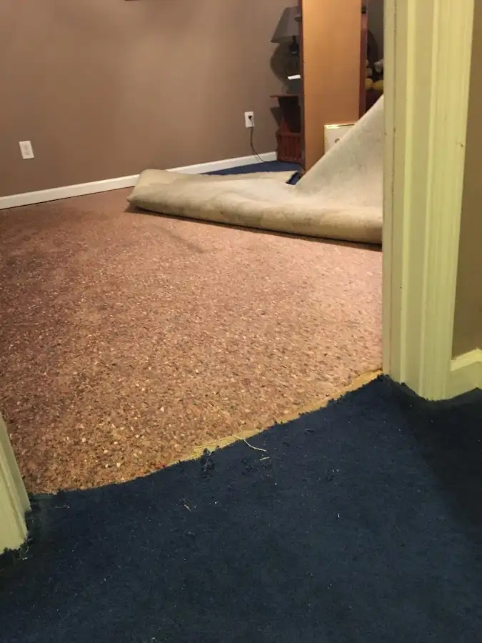 Carpet pad removal revealing water damage during Water Mitigation Services in Lenox
